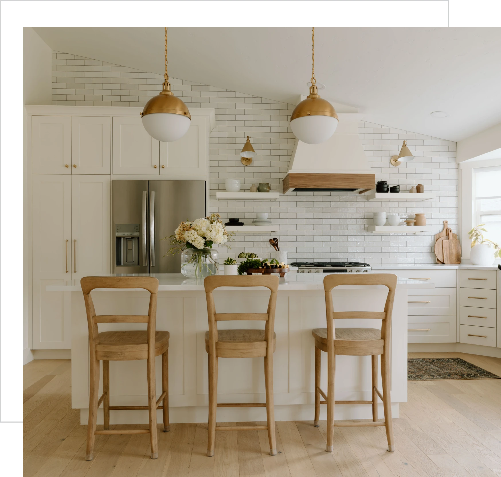 Modern kitchen with wooden stools