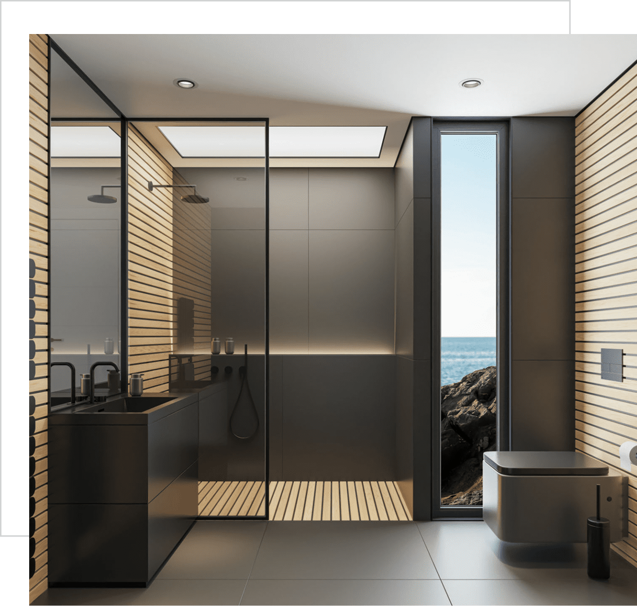 Minimalist bathroom design with skylight