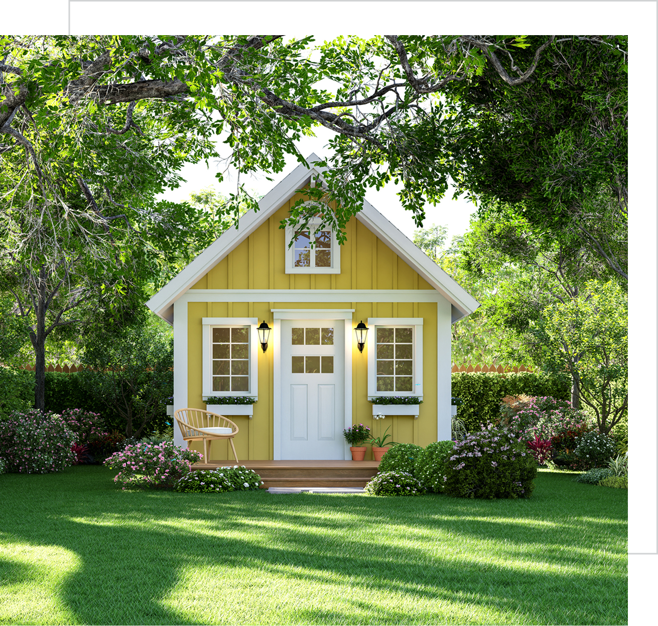 Cozy yellow cottage in lush garden